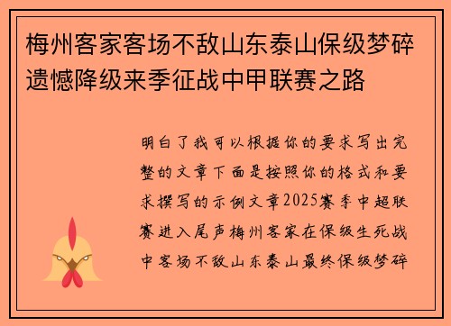 梅州客家客场不敌山东泰山保级梦碎遗憾降级来季征战中甲联赛之路 梅州客家客场不敌山东泰山保级梦碎遗憾降级来季征战中甲联赛之路
