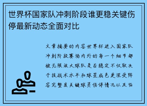 世界杯国家队冲刺阶段谁更稳关键伤停最新动态全面对比