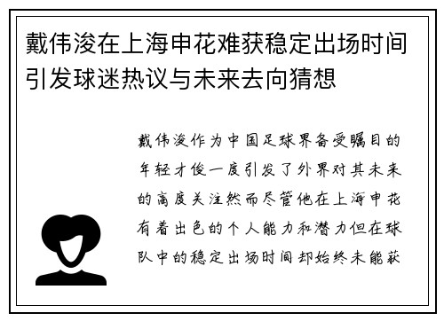 戴伟浚在上海申花难获稳定出场时间引发球迷热议与未来去向猜想