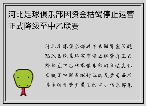 河北足球俱乐部因资金枯竭停止运营正式降级至中乙联赛